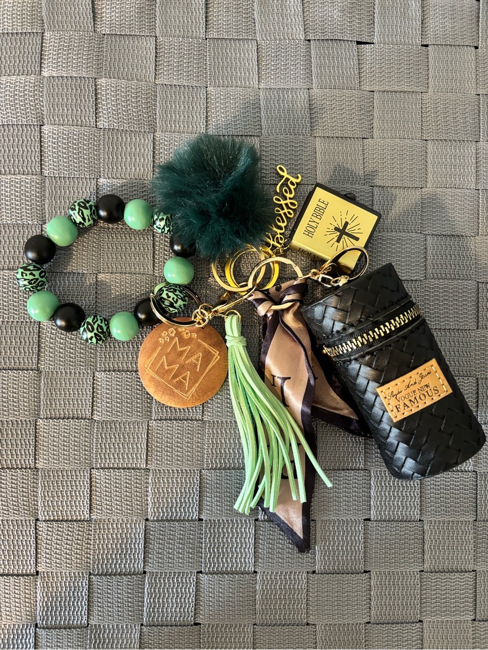 Green Beaded Pom Tassel Keychain Wristlet